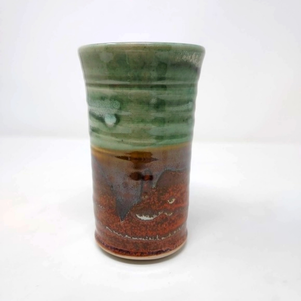 Glazed Cylinder Vase Artist Signed HP Studio Pottery Foam Green Brown To…